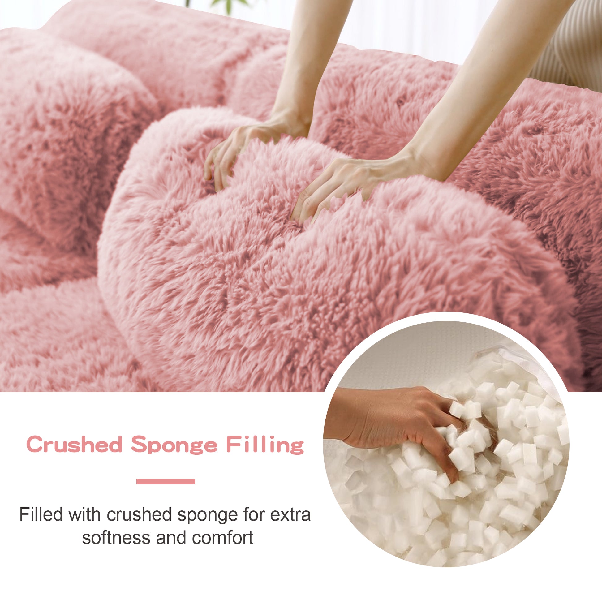 L-shaped Boneless Sofa,Soft Fluffy Plush Fabric,With Chaise 32D High Density Sponge,No Assembly Required,Ergonomic Design Bottom Anti-Slip Design,With Throw Pillows,Fits Bedrooms,Pink image 7