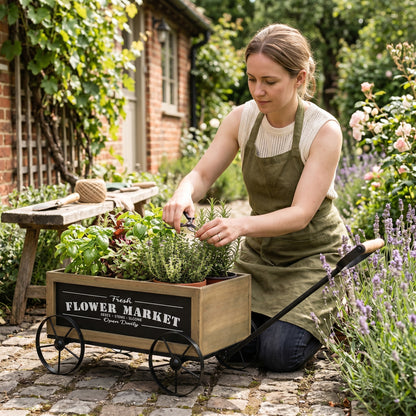 16.5x9.5x8" Rustic Wooden Wagon Planter with Black Iron Wheels and Handle image 8