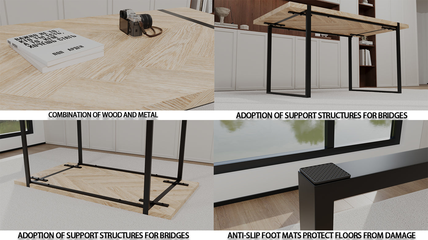 59" MDF light wood dining table and modern dining chair 4-piece set, medieval wooden kitchen dining table set, rectangular metal base, dining table and suede chair image 11