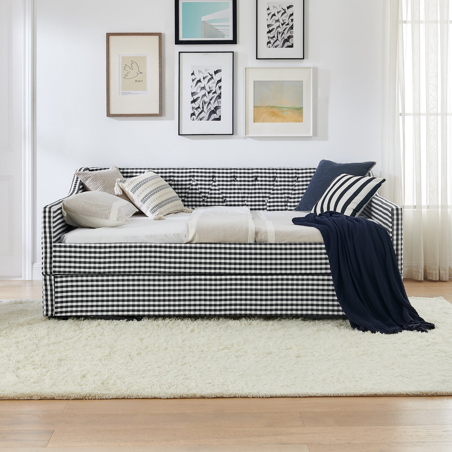 Full‑Size Daybed,Upholstered Convertible Daybed with Tufted Button Backrest, 3‑in‑1 Versatile Sofa Bed with Pull‑Out Trundle & Side Storage, Perfect for Compact Living-Black image 5