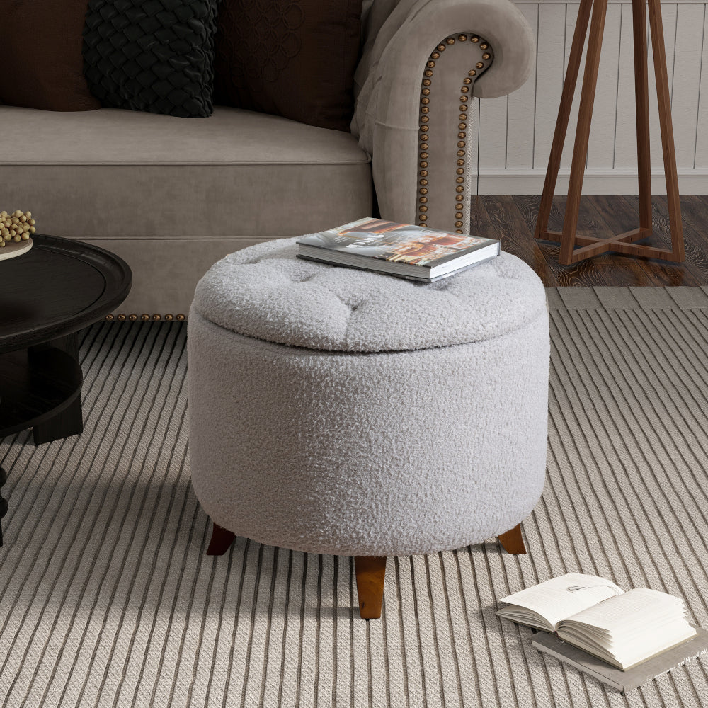 Round Ottoman storage stool with Cover Lid,Decorate the living room and bedroom with round teddy fleece storage Ottoman (White)
