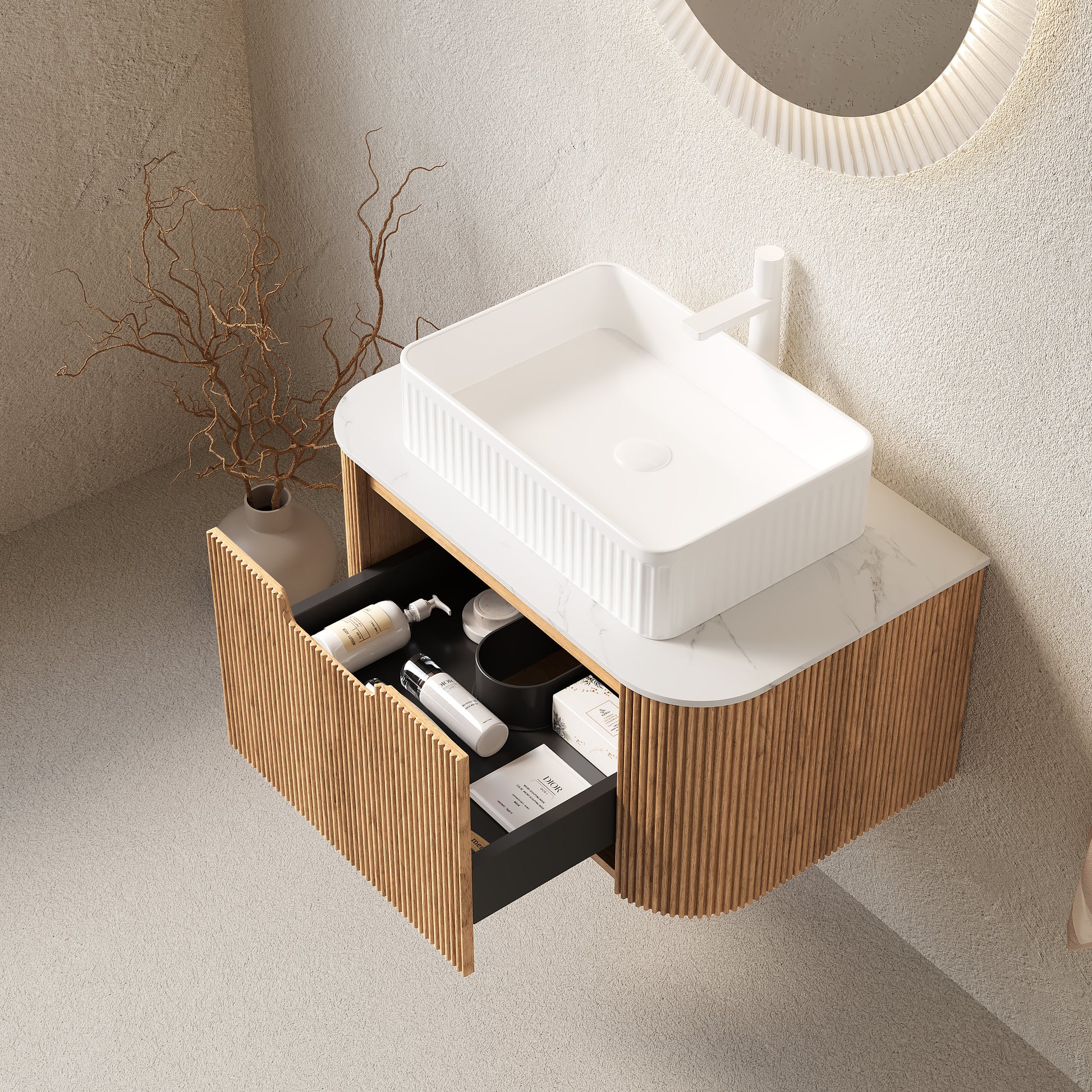 DINA 30" Bathroom Vanity with Sink, Wall-Mounted Floating Curved Edges Striped Bathroom Storage Cabinet with Drawer, White Rectangular Ceramic Basin, No Faucet, Pre-assembled, Natural Woodgrain Color image 2
