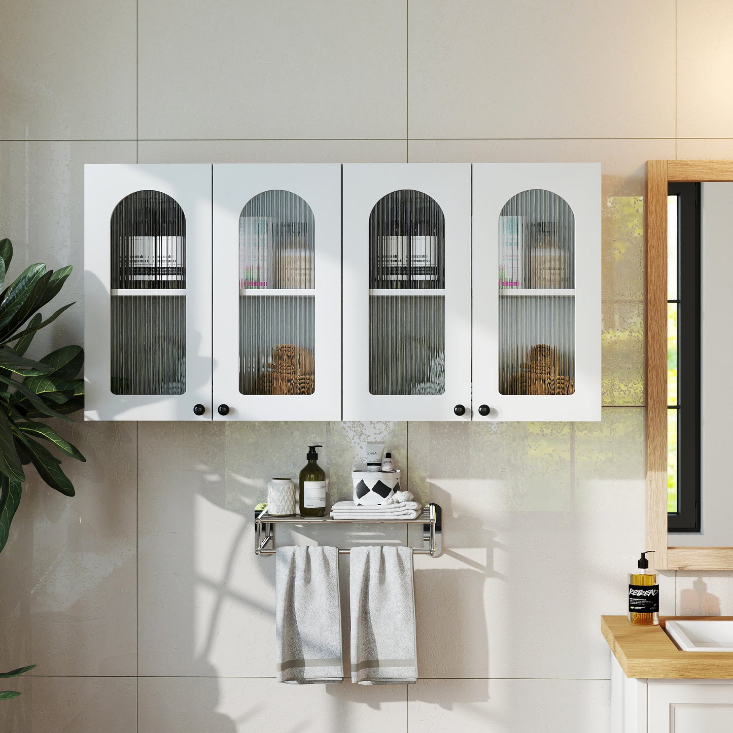 Wall Cabinet,Arched Glass door Display Wall Mounted Cabinet, Floating Cabinet with inadjustable Shelves for Kitchen,Bathroom,Living Room image 3