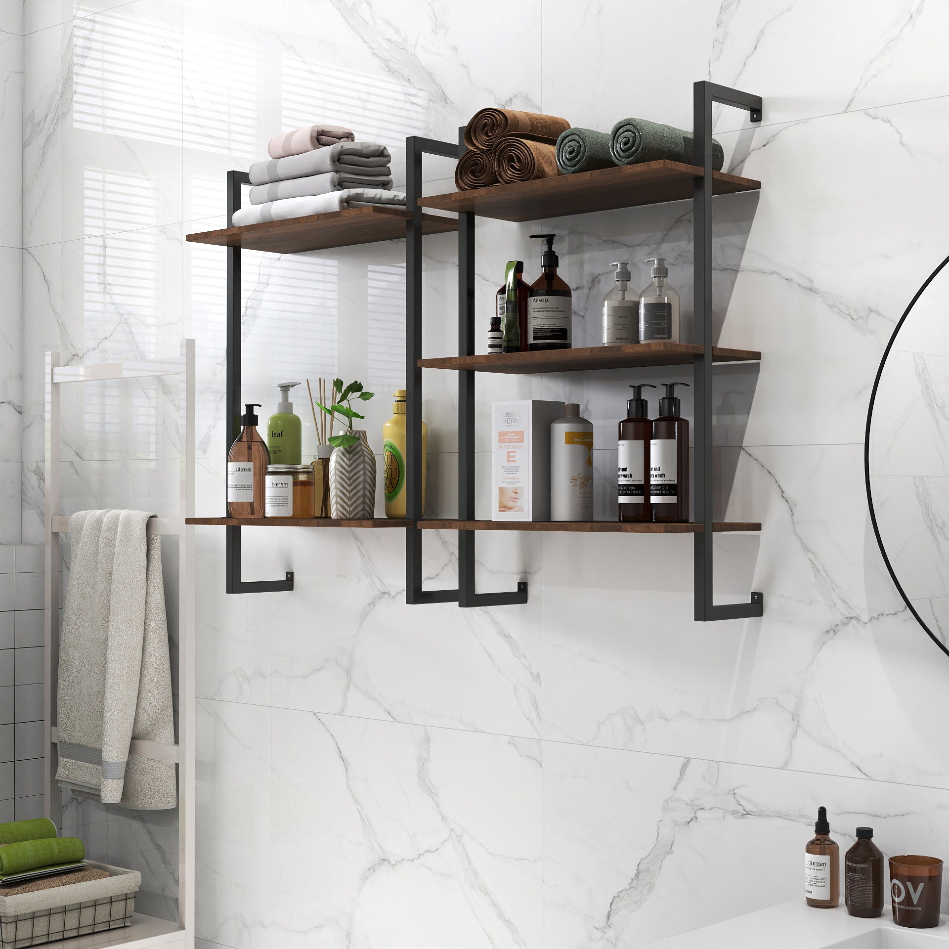3 Tier and 2 Tier Bathroom Shelves Metal, Wood Hanging Storage Bookshelf image 2