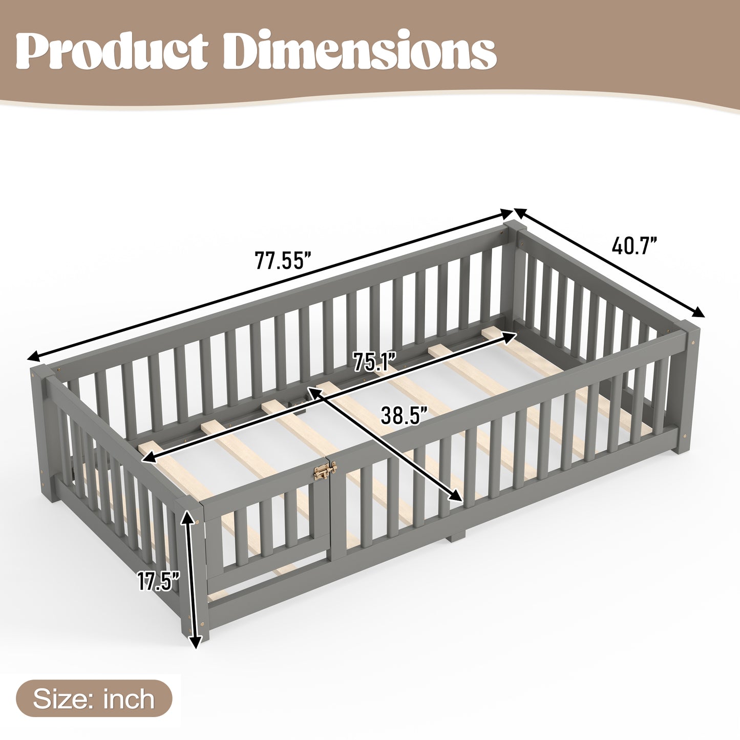 Twin Size Bed Floor Bed with Safety Guardrails and Door for Kids, Gray image 6