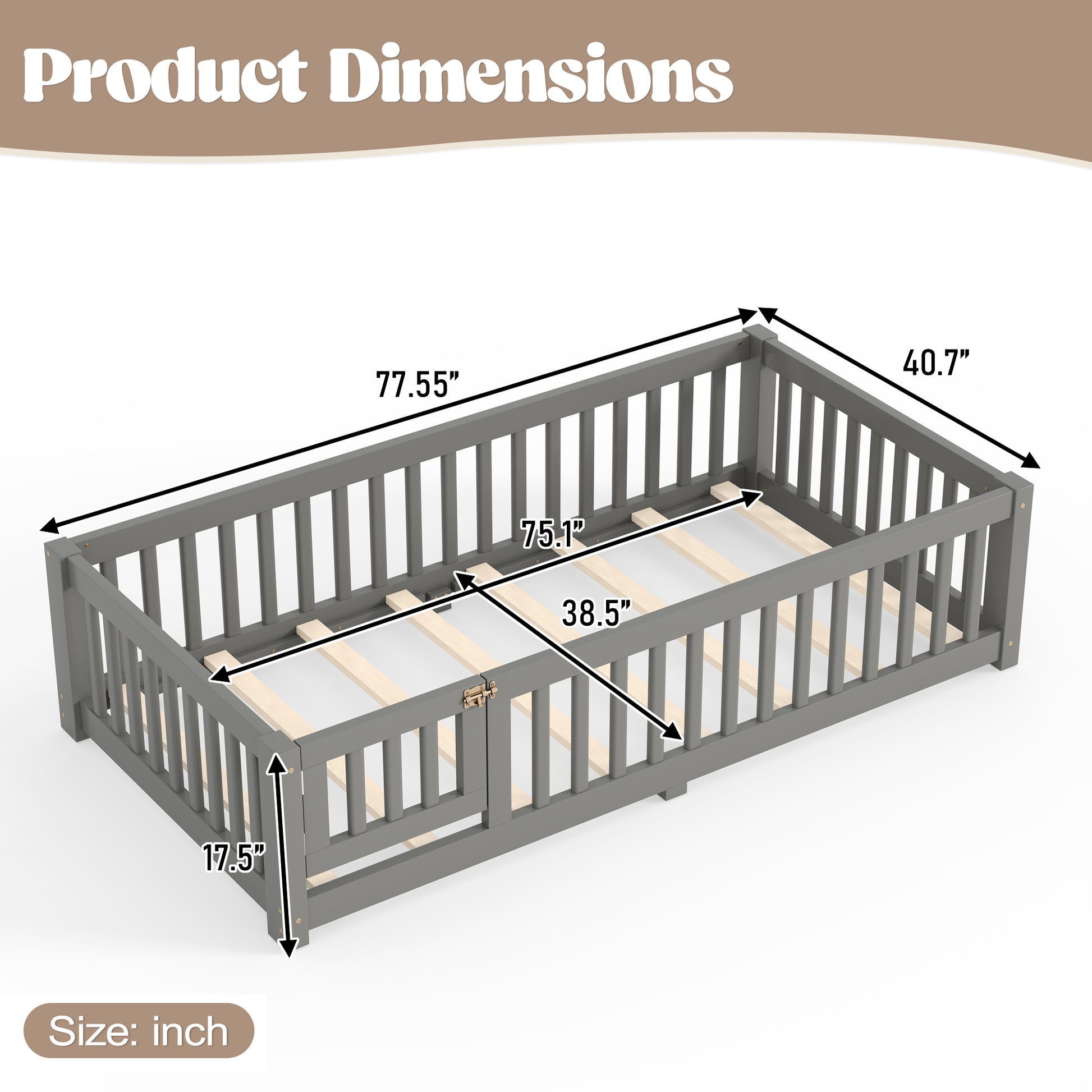 Twin Size Bed Floor Bed with Safety Guardrails and Door for Kids, Gray image 6