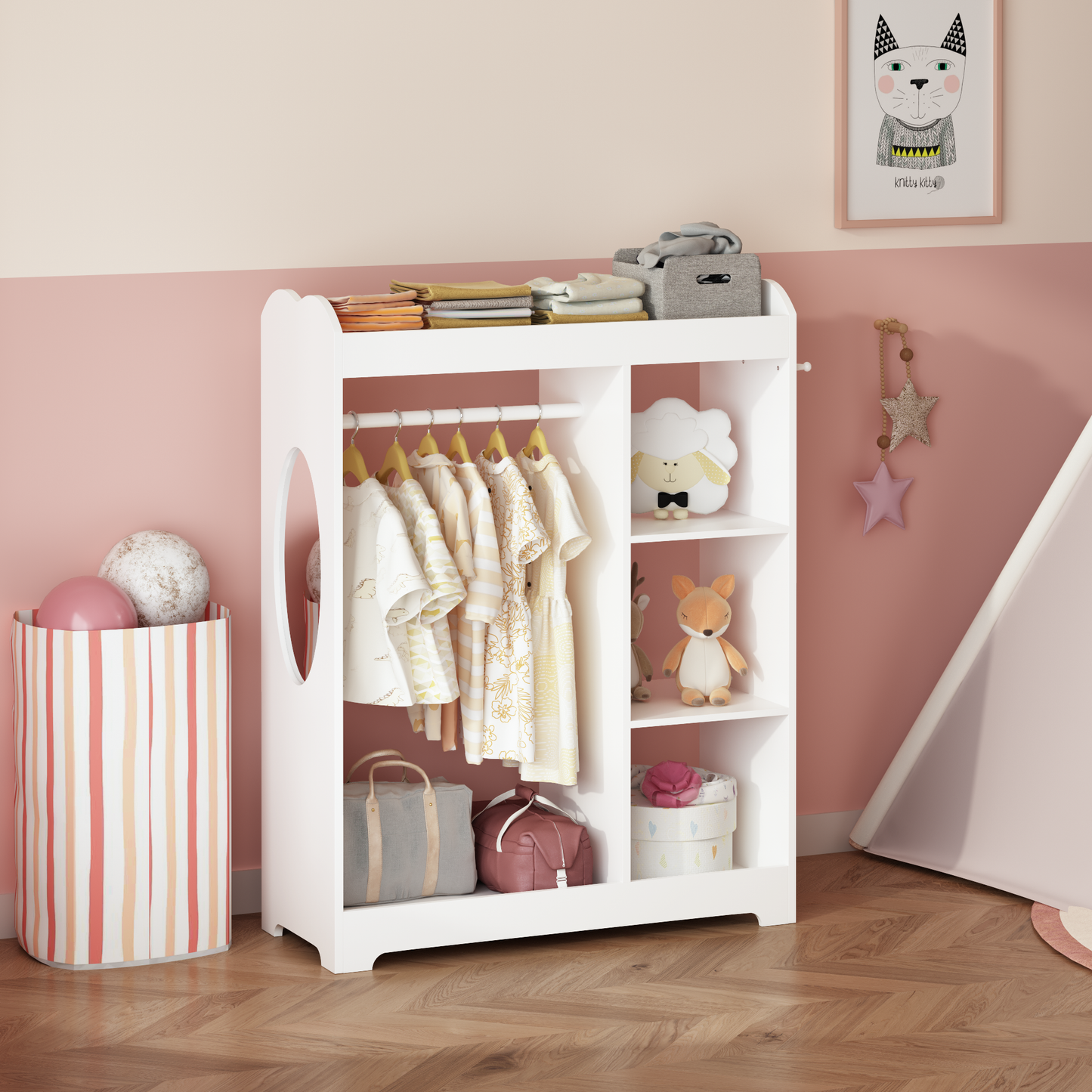 Kids Dress Up Storage with Mirror and Hooks, Wooden Dress Up Clothes Rack with Hanging Rod, 3 Side Hooks, Storage Shelves and Top Shelf, Toddler Costume Organizer for Playroom Bedroom Nursery – White image 1
