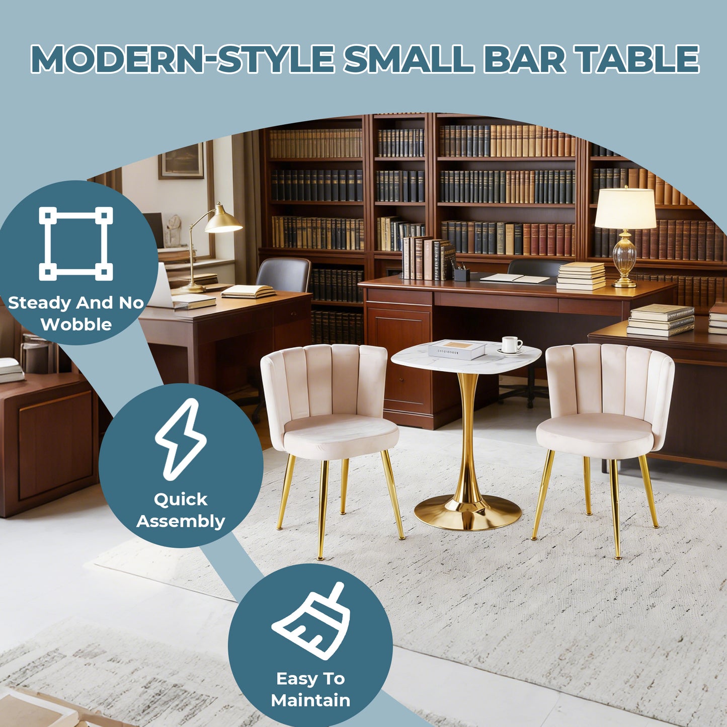 Square Tulip Dining Table for 2-4 Persons, 24 Inch Small Kitchen Table with Sturdy Golden Metal Pedestal Base, Modern Bistro Table for Small Space, Apartment, Cafe, Office, Living Room (White & Gold) image 3