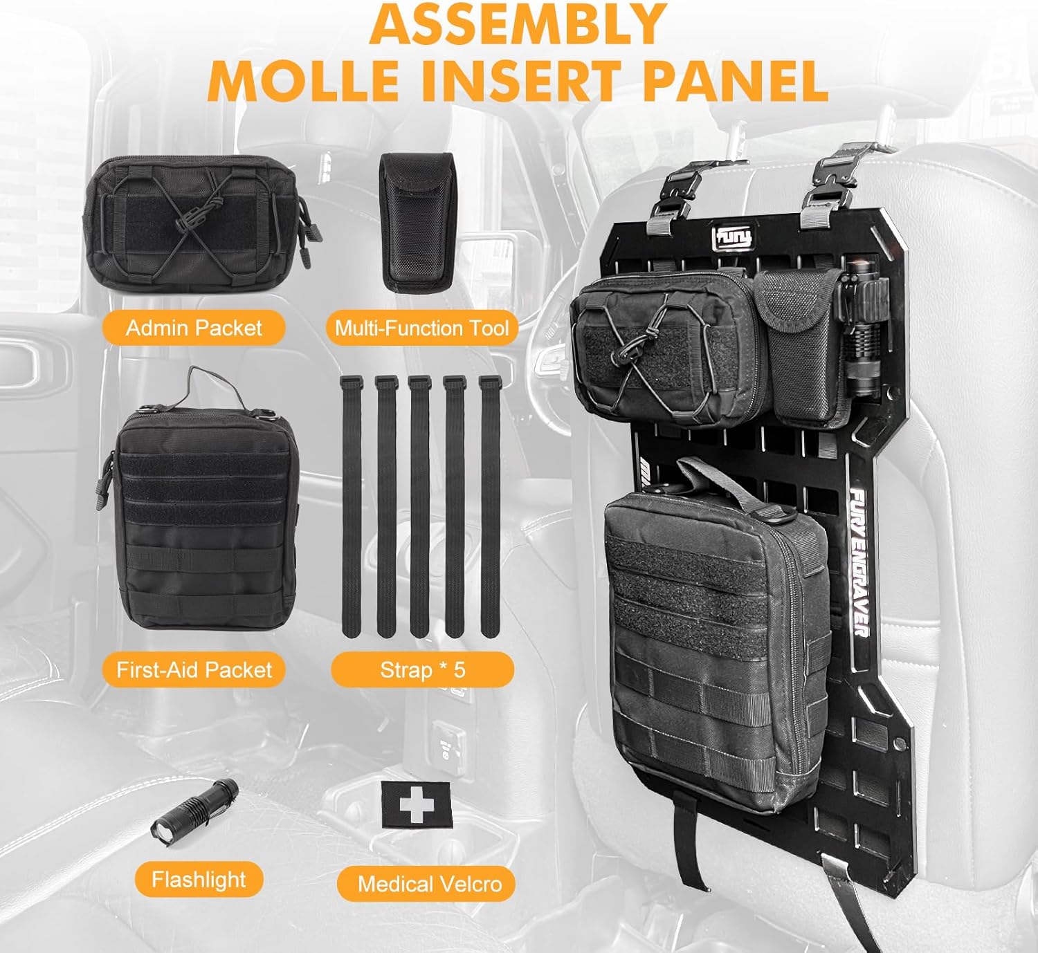 17515 Rigid Molle Panels For Vehicles Truck Mount Rack Panel Tactical Seat Back Organizer with 2 Organizer Storage Bag, 1 Multi-tool Pliers, 1 Flashlight and 5 Fastening Tape image 8