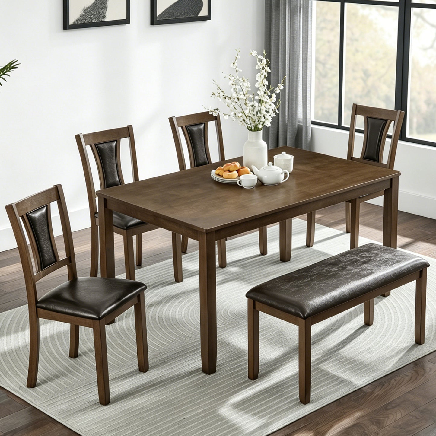 6-Piece Dining Table Set with Bench and Chairs, Wooden dining table set for 6 people, Farmhouse Rustic Style 6 Person Dining Table Set for Dining Room, Kitchen, Walnut image 2