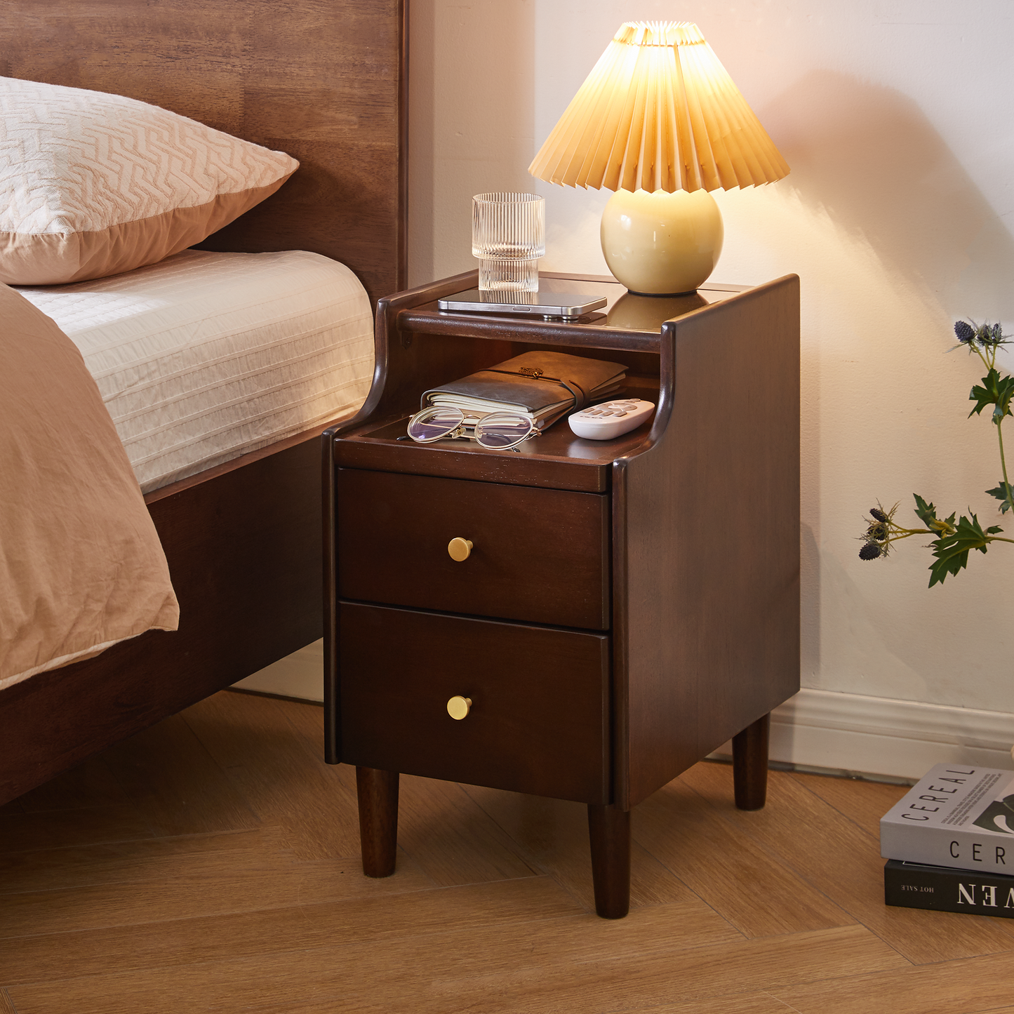 Solid Wood Nightstand with Two Drawers and Pull-out Panel Storage Bedside Table and Sofa Side Table image 1
