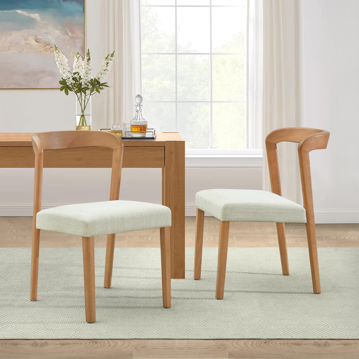 Solid Rubber Wood Dining Chairs(Natural Oak+Beige)Set of 2 image 1