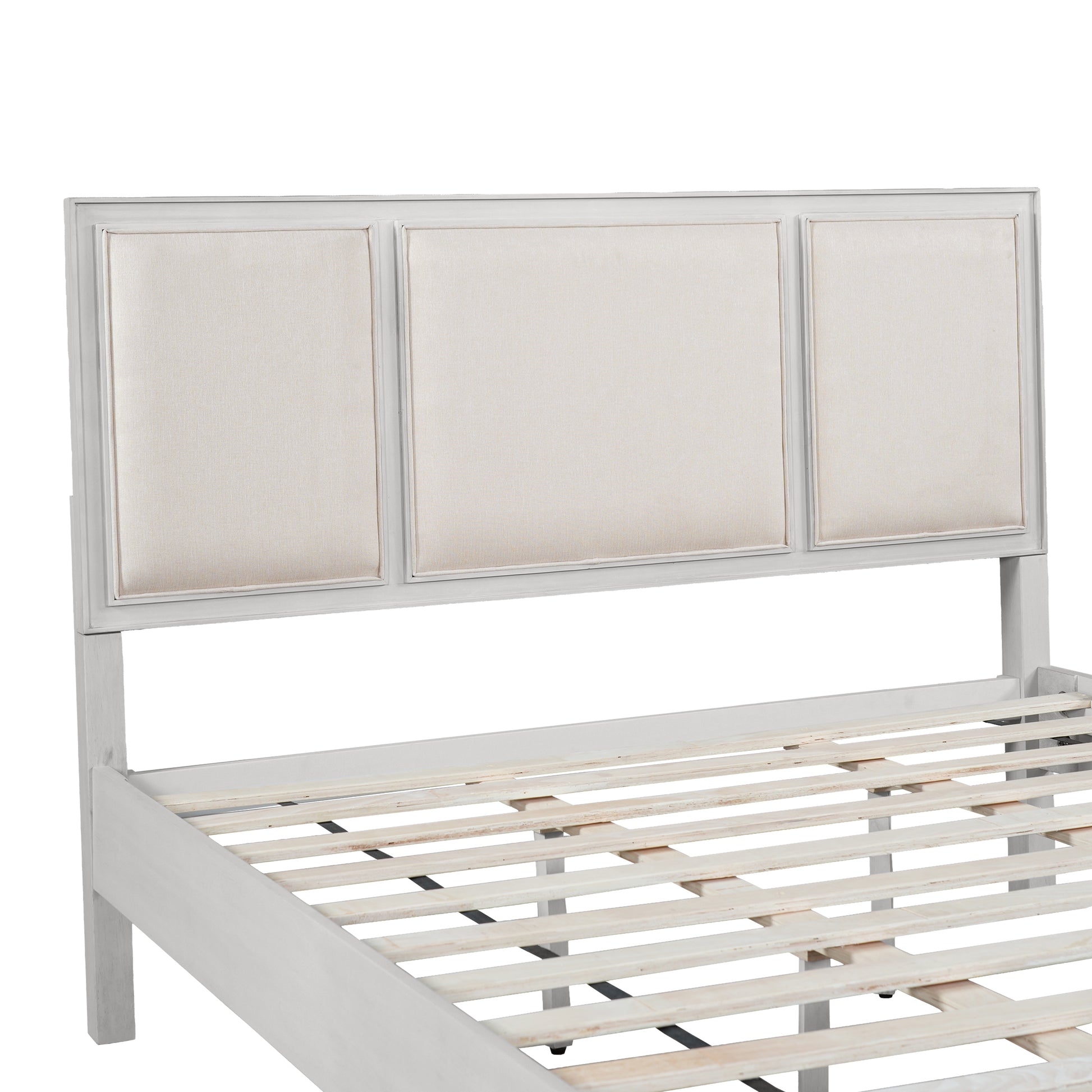 Queen Size Wooden Bed Frame with Upholstered Headboard, White Wood & Beige Fabric, Solid Wood Platform, Modern Farmhouse Style image 10