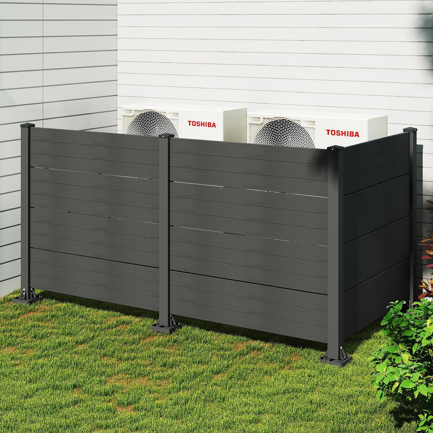 50" W x 49" H Outdoor Privacy Screen, Air Conditioner Fence, All-Weather Vinyl Privacy Fence Screens with Aluminum Posts, 3 Panels, Dark Grey image 4