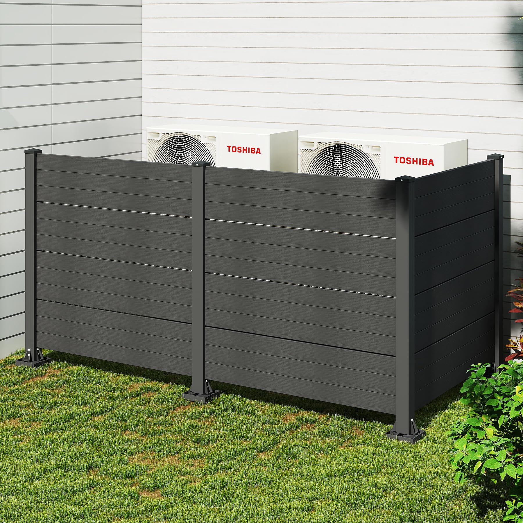50" W x 49" H Outdoor Privacy Screen, Air Conditioner Fence, All-Weather Vinyl Privacy Fence Screens with Aluminum Posts, 3 Panels, Dark Grey image 4