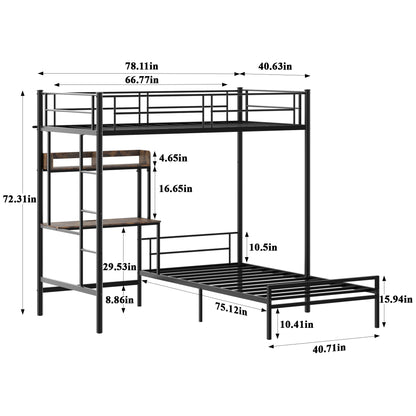 Bunk Bed Twin Over Twin Size with Desk and Charging Station L-Shaped Metal Bunk Bed with Storage Shelves and Bookcase Loft Beds with Safety Guardrail and Ladder for Teen,Black image 9