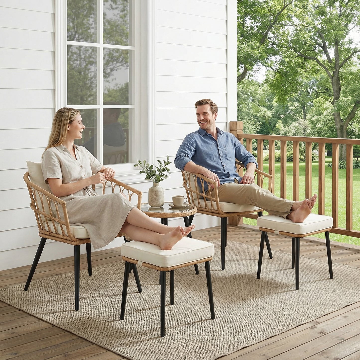 5 Piece Patio Furniture Set, Outdoor Wicker Small Conversation Bistro Set, All-Weather PE Rattan Chairs with Ottoman & Coffee Table, Ideal for Balcony Porch Deck Yard Poolside image 6