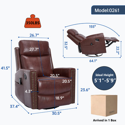 Wine Red Genuine Leather Heat Massage Manual Recliner Chair with Rocker and Swivel for Living Room image 2