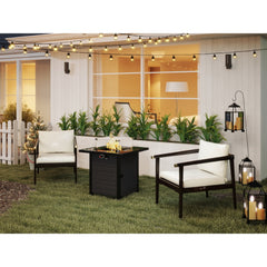 28 Inch Propane Fire Pit Table, Rattan & Wicker-Look, 50000 BTU Gas Firepits Tempered Glass Tabletop with Glass Windscreen Protector for Outside Patio and Garden(Coffee)