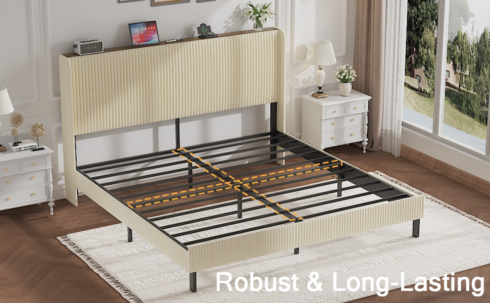 Queen Size Platform Bed, Metal Bed Frame with Charging Station, No Box Spring Needed, (Beige), Noise Free,Easy Assemble. image 4
