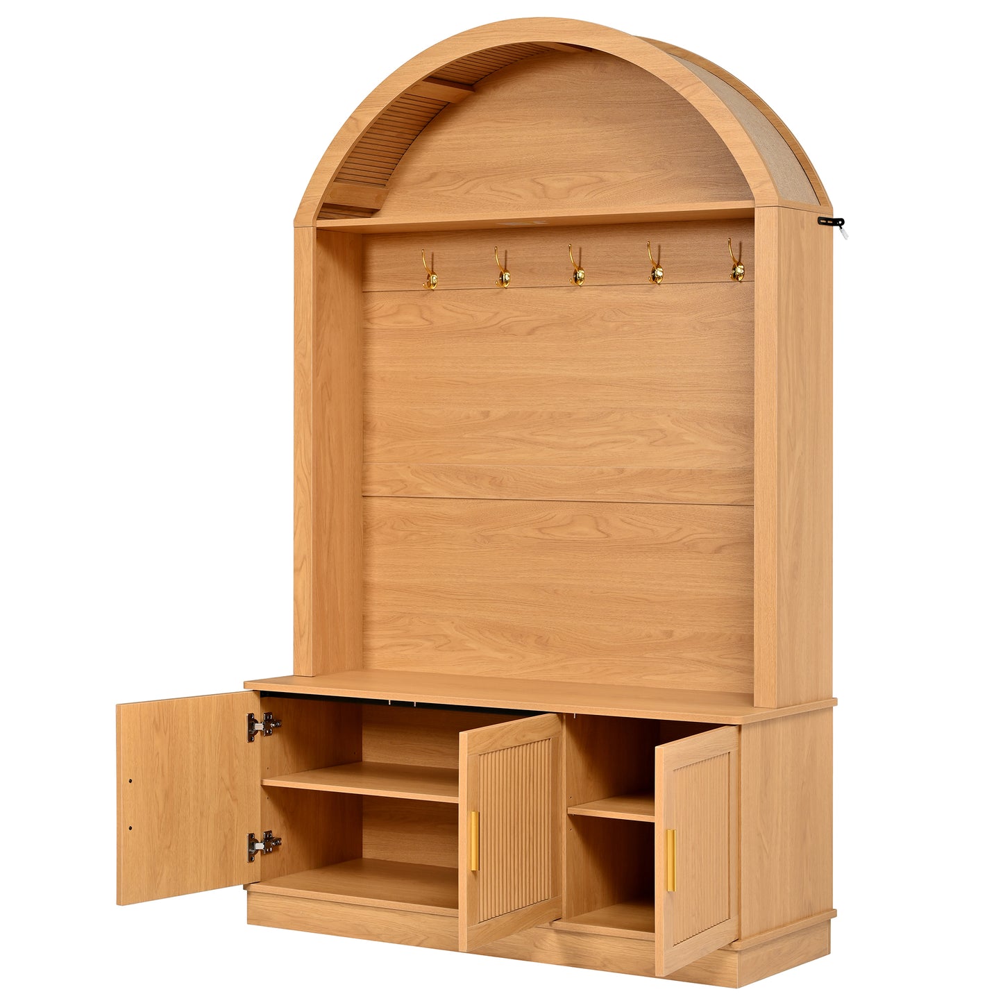 Farmhouse Fabric Arched Top Hall Tree with 5 Metal Hooks, All-in-One Mudroom Furniture with Adjustable Shelves, Mid-Century Fluted Door Entryway Bench with Wood Grain Finish for Hallway, Natural image 10