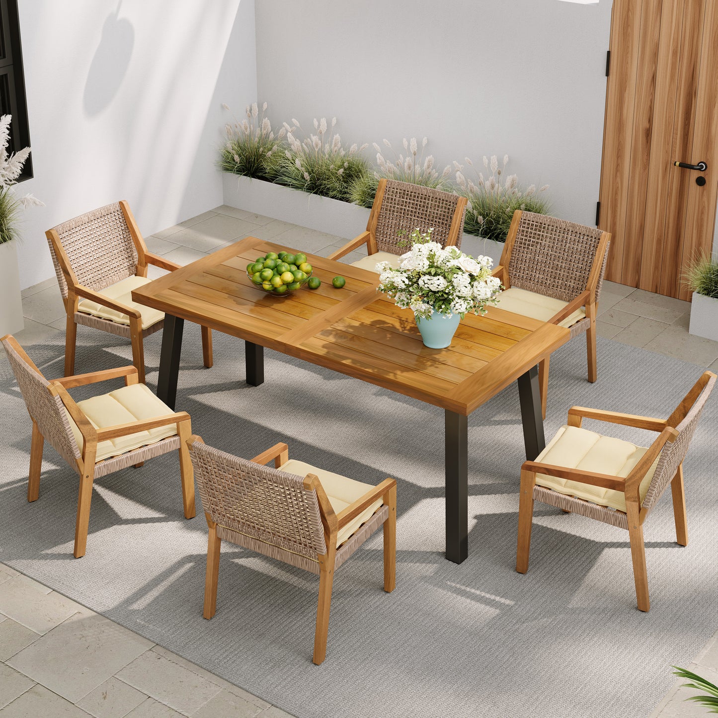 Outdoor Dining Set – Premium Acacia Wood Della Table & Wicker Chairs with Cream Cushion for Comfortable Dining Experience,Suitable for large gatherings(1 Table + 6 Chairs) image 1
