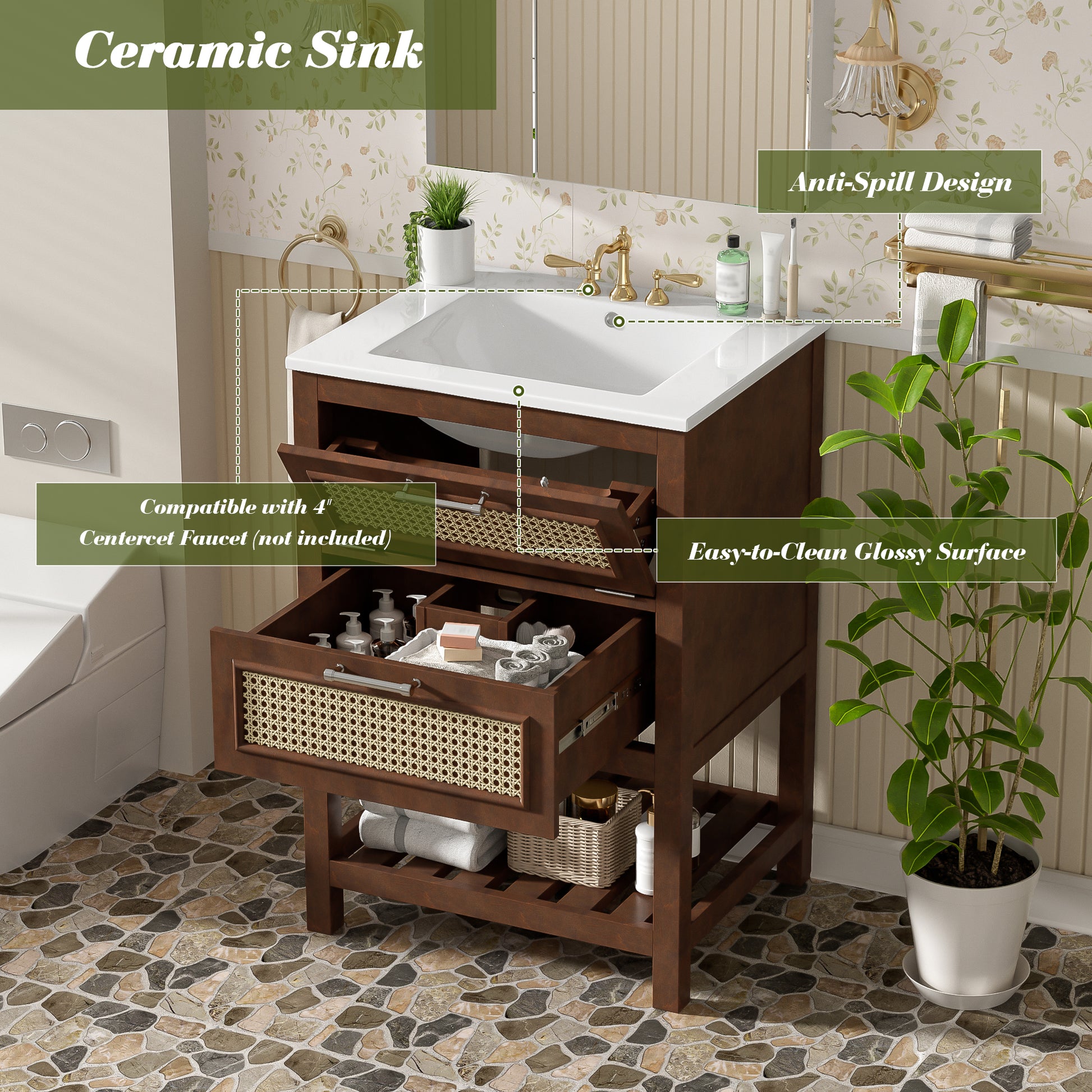 24" Bathroom Vanity with Integrated Ceramic Sink, Bathroom Cabinet with 1 Deep Drawer, 1 Tip-Out Drawer, Single Sink Bathroom Vanity for Small and Medium Restroom image 5