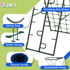 Outsunny 528 lbs Swing Set for Backyard, 5 in 1 Heavy-Duty A-Frame Stand Outdoor Playset for Kids, with Saucer Swing, Slide, Swing Seats, Glider, Basketball Hoop, Climbing Steps and Net