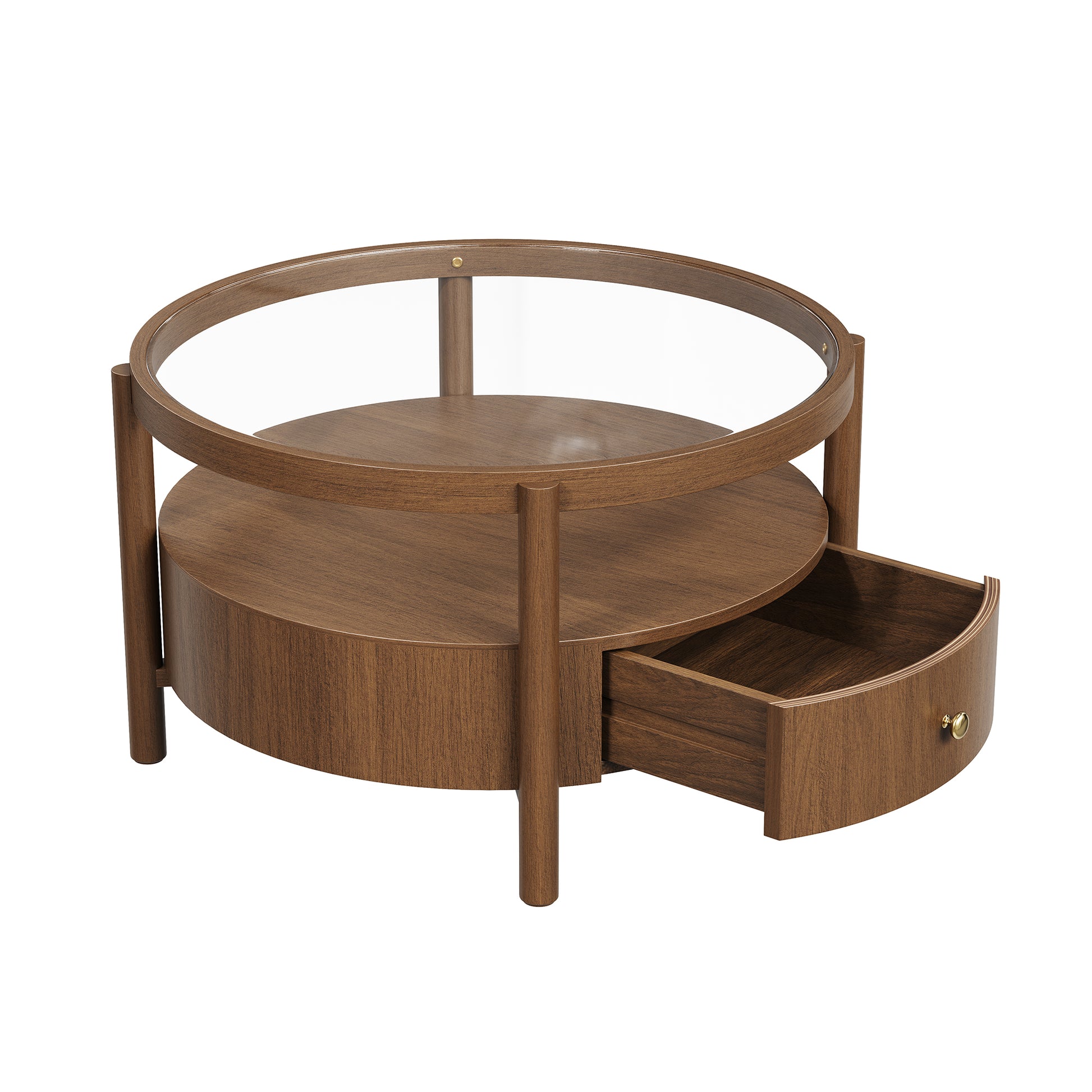 Solid Wood Round Glass Top Coffee Table with Storage Drawer, 2-Tier Mid Century Modern Circular Center Table, Walnut Wooden Cocktail Table for Living Room image 12