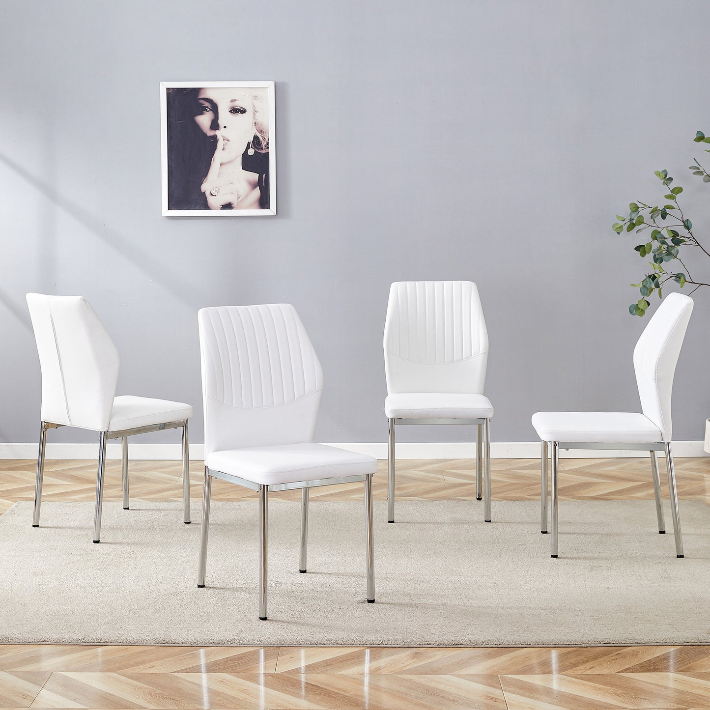 Luxury Simple Chair - Set of 4 White PU Material High Resilience Dining Chair with Metal Silver Leg.The Chair Back Has a Vertical Stripe Design With Smooth And Uniform Lines. image 1