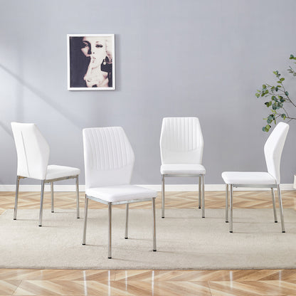 Luxury Simple Chair - Set of 4 White PU Material High Resilience Dining Chair with Metal Silver Leg.The Chair Back Has a Vertical Stripe Design With Smooth And Uniform Lines. image 1