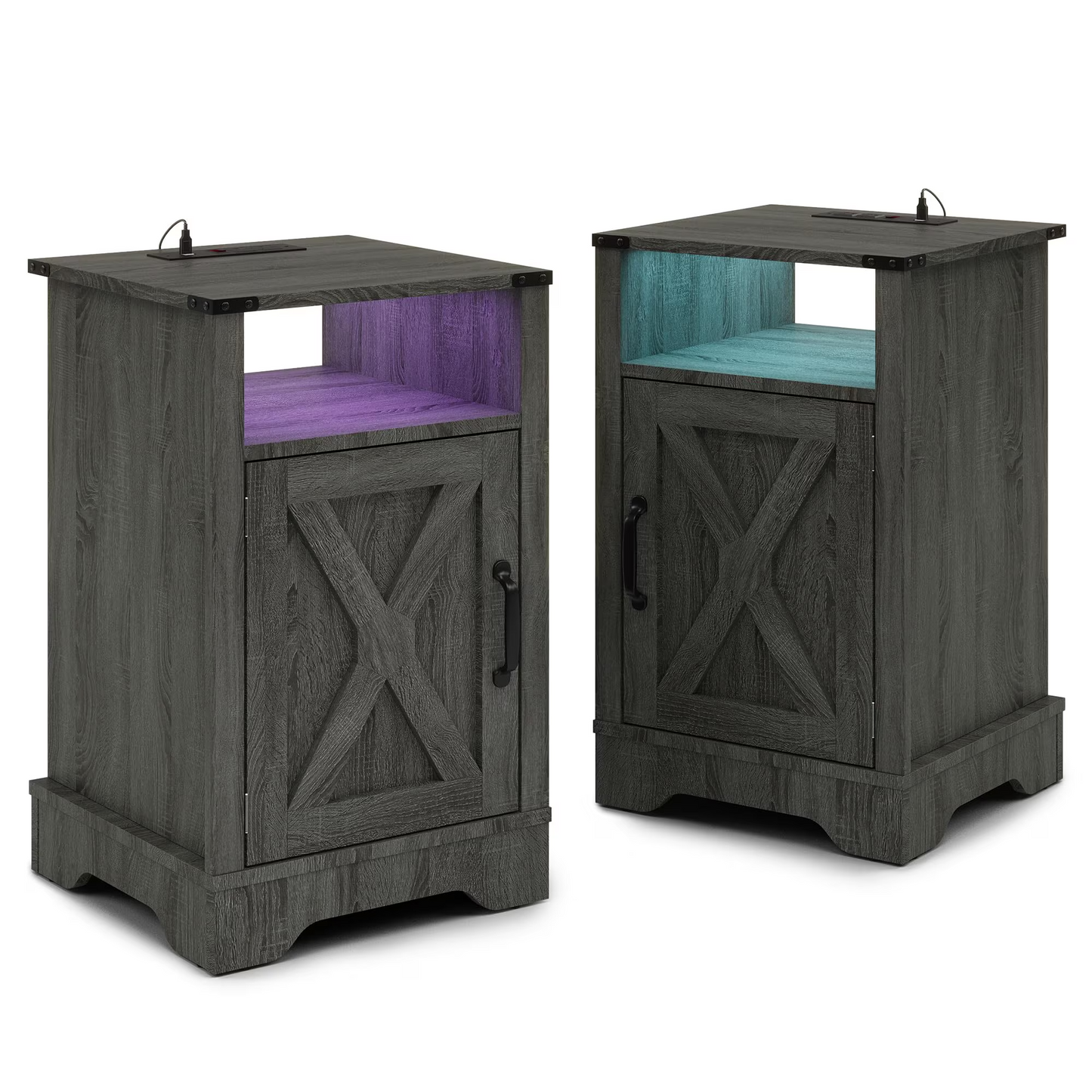 LED Nightstand Set of 2 with Charging Station, Bedside Table with Storage Cabinet and Shelf, Rustic End Table, Farmhouse Wooden Side Table, for Bedroom, Living Room, Dark Gray image 1