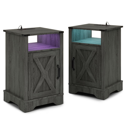 LED Nightstand Set of 2 with Charging Station, Bedside Table with Storage Cabinet and Shelf, Rustic End Table, Farmhouse Wooden Side Table, for Bedroom, Living Room, Dark Gray image 1