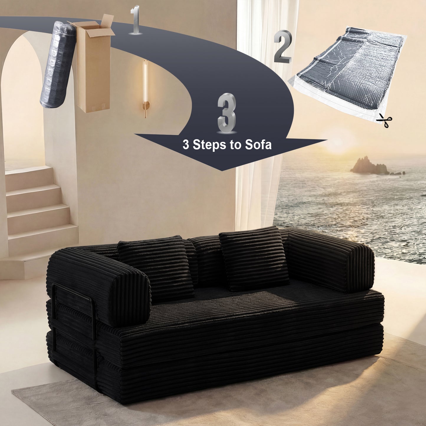 Compression Sofa,Convertible Floor Sofa Bed-with Pillow Back Support Armrest,Comfy Futon Couch Sleeper Bed,Loveseats Boneless Modular Sectional Sofa,Corduroy fabric,for Living Room,Bedroom,Black image 4