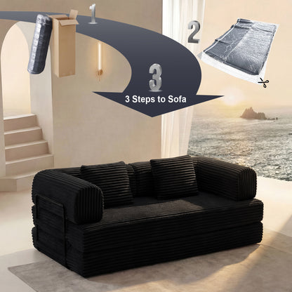 Compression Sofa,Convertible Floor Sofa Bed-with Pillow Back Support Armrest,Comfy Futon Couch Sleeper Bed,Loveseats Boneless Modular Sectional Sofa,Corduroy fabric,for Living Room,Bedroom,Black image 4
