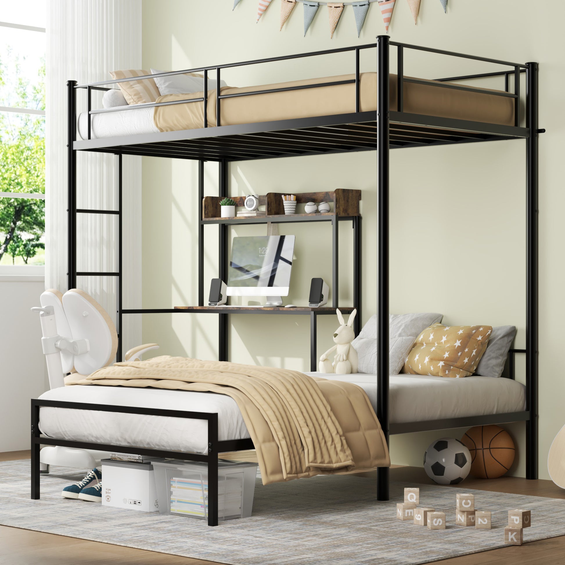 Bunk Bed Twin Over Twin Size with Desk and Charging Station L-Shaped Metal Bunk Bed with Storage Shelves and Bookcase Loft Beds with Safety Guardrail and Ladder for Teen,Black image 1
