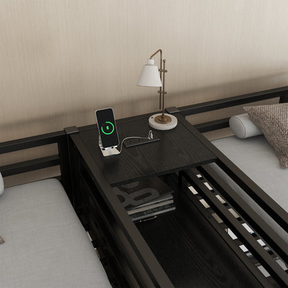 Twin Over Twin Metal Loft Bed with Double Desk and Wardrobe and Shelves with Electrical Outlet for Space Saving and Noise Reduction,Black image 4