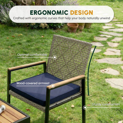 All Weather 5-Piece Patio Dining Table Sets, Patio Conversation Set Acacia Wood Table Top with Umbrella Hole, Rattan Outdoor, Light Gray Color image 3