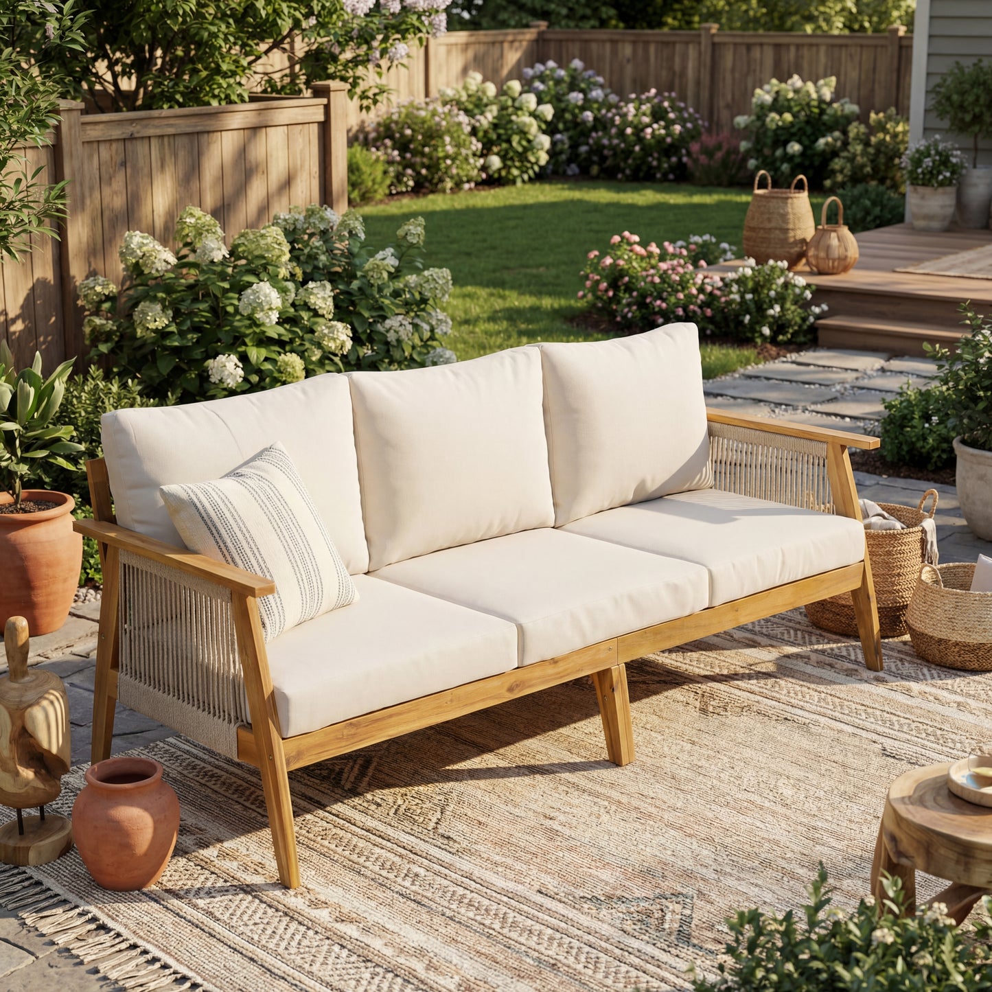 Outdoor Acacia Wood and Rope 3 Seater Patio Sofa image 1