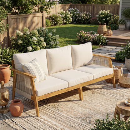 Outdoor Acacia Wood and Rope 3 Seater Patio Sofa image 1