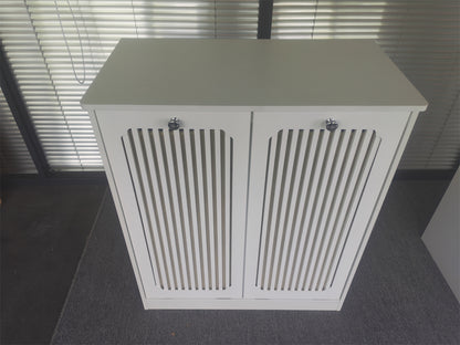 Flip-top louvered laundry basket cabinet, household double-section fabric laundry storage cabinet, balcony and bathroom floor-standing storage cabinet, white. image 4