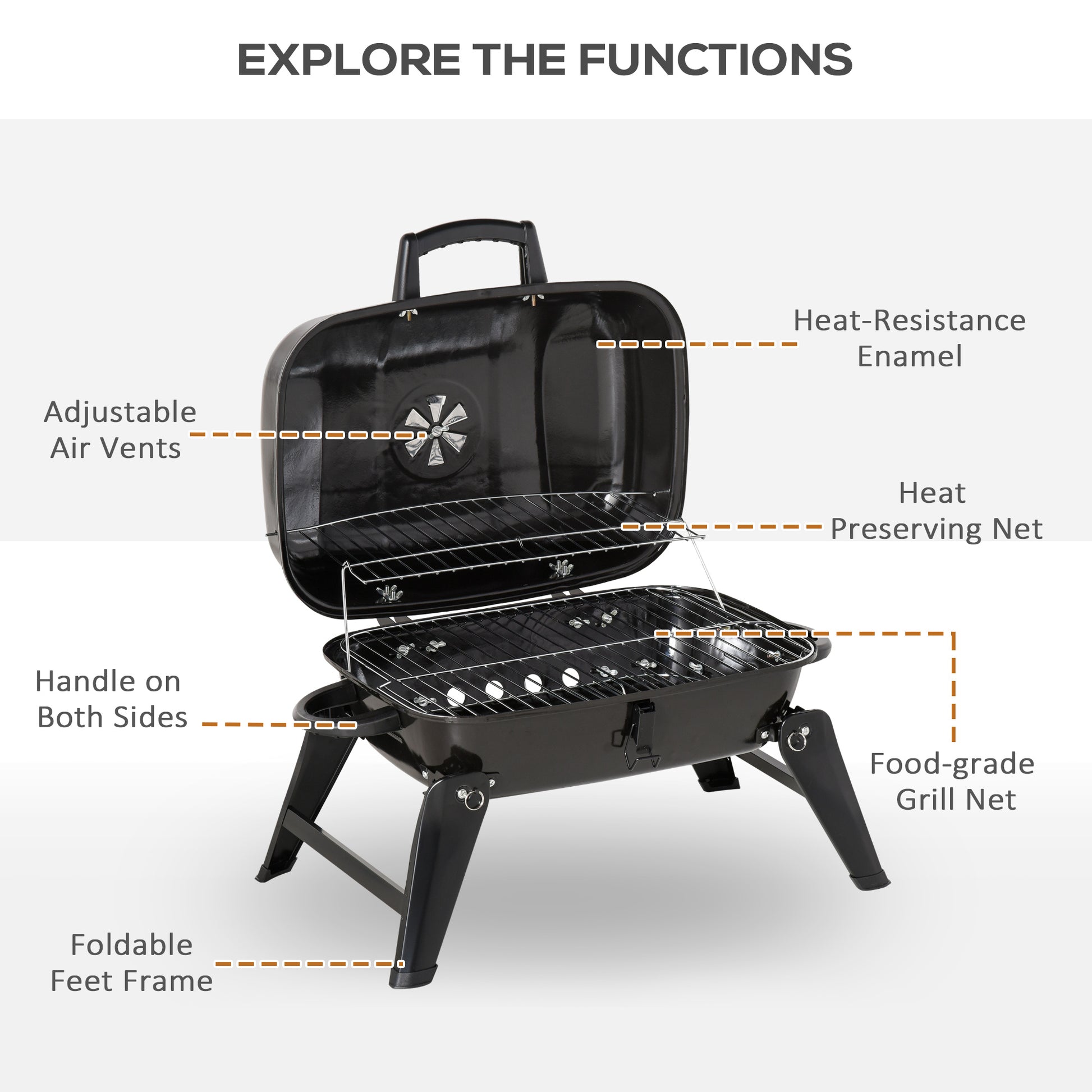 Outsunny 14" Portable Charcoal Grill, Tabletop Small BBQ Grill for Outdoor Cooking, Camping, Tailgating, Enamel Coated, Vent, Folding Legs, Black image 4