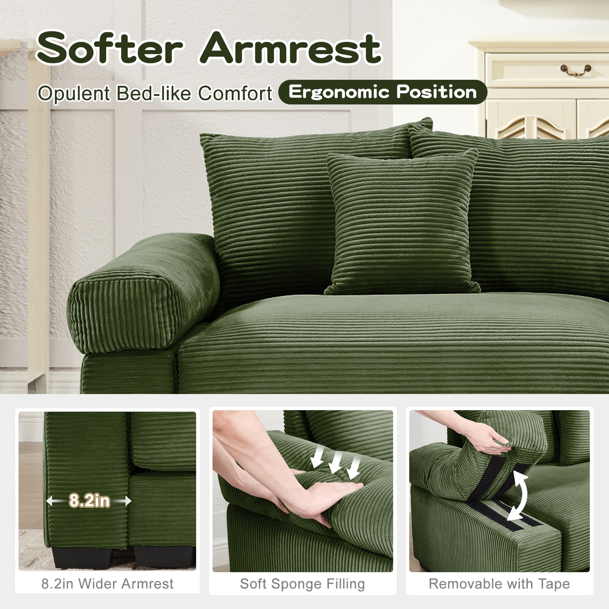Oversized Cloud Modular Sectional Couch,Convertible Sectional Couches,Extra-Wide Armrests With An Ottoman,Premium Corduroy Fabric,Ergonomic Design, Easy Assembly, For Living Rooms Study,Green image 6