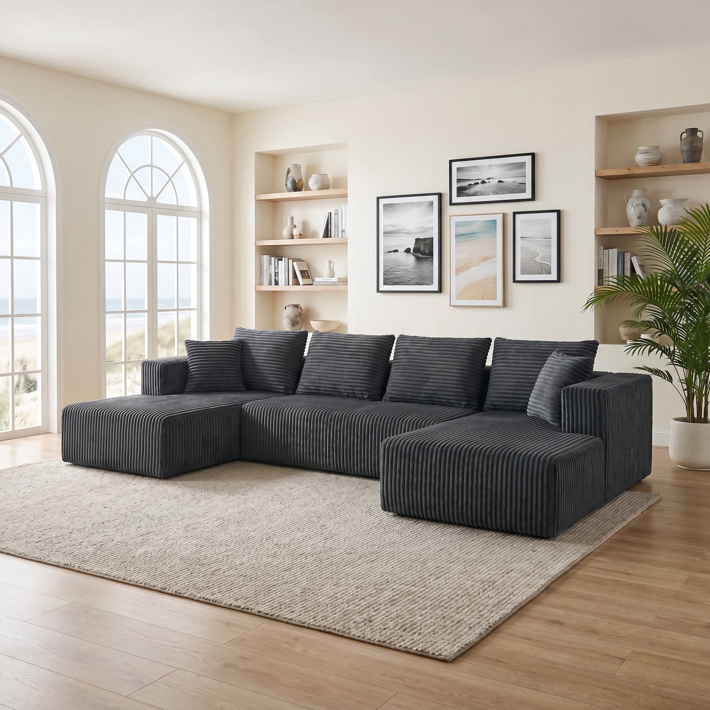 132.1 Inch Modular Sectional Sofa, U-Shaped Corduroy Sofa Couch with Double Chaise, Oversized Deep Seat Cloud Couch for Living Room, Apartment, Gray image 3
