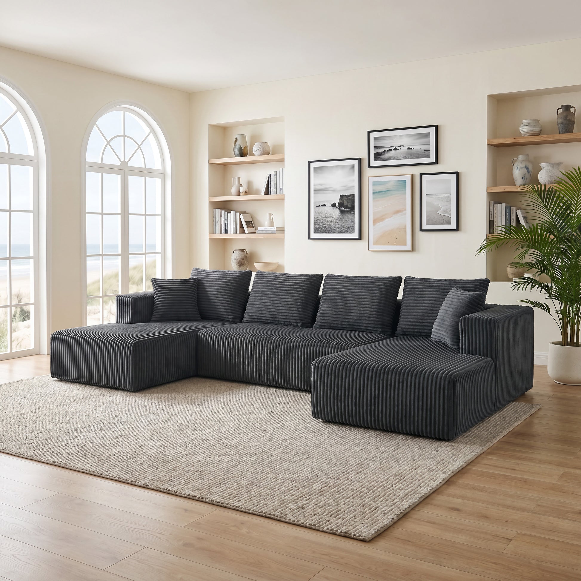 132.1 Inch Modular Sectional Sofa, U-Shaped Corduroy Sofa Couch with Double Chaise, Oversized Deep Seat Cloud Couch for Living Room, Apartment, Gray image 3