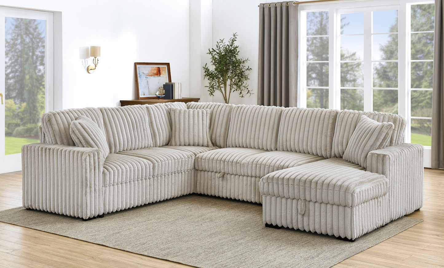 122 Inch Pull Out Couch, Rabbit plush Fabric Sofa Bed with USB Ports & Comfy Upholstered, Oversized U Shape Sectional Sleeper Sofa Bed with Storage Chaise, Khaki image 2