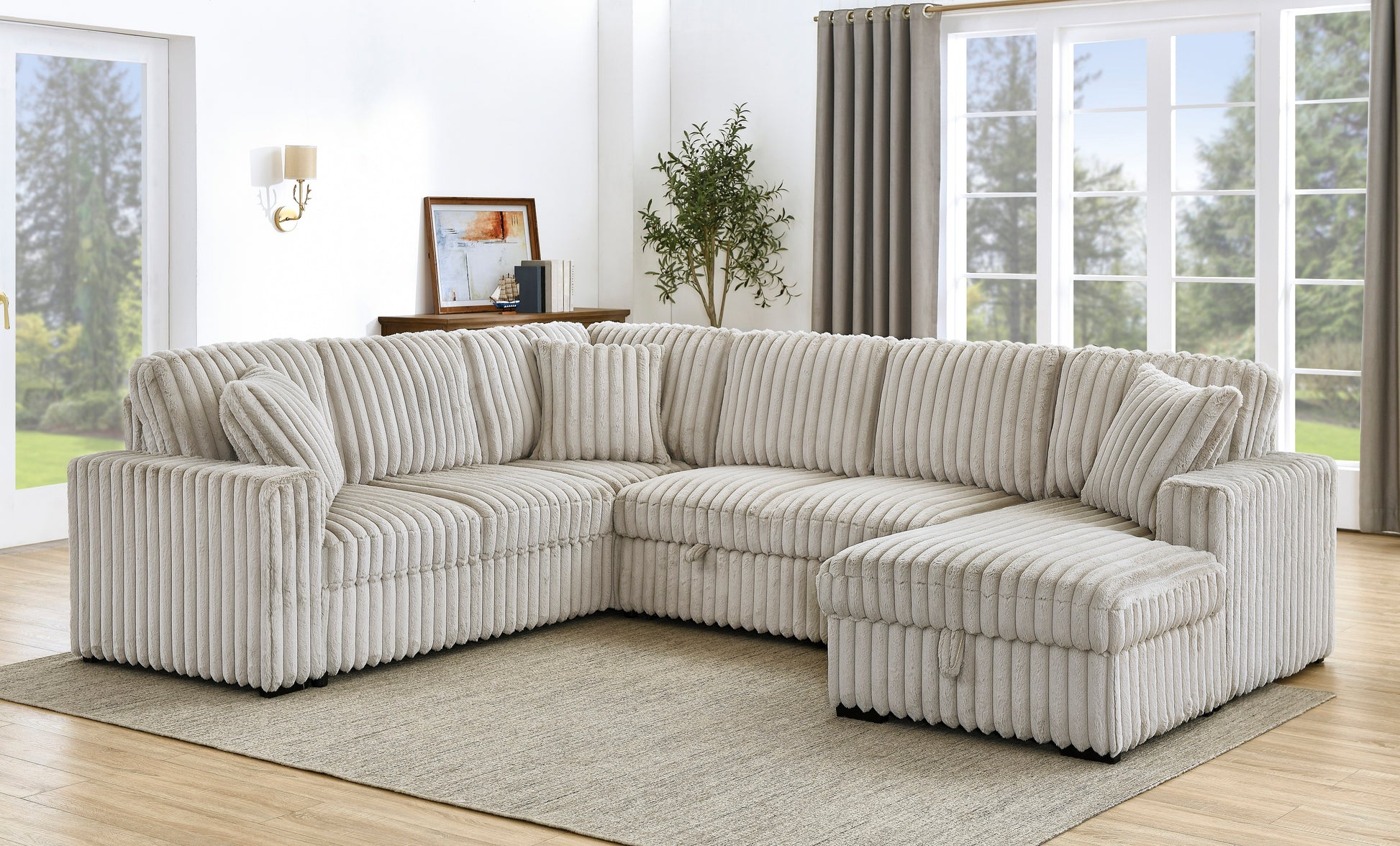 122 Inch Pull Out Couch, Rabbit plush Fabric Sofa Bed with USB Ports & Comfy Upholstered, Oversized U Shape Sectional Sleeper Sofa Bed with Storage Chaise, Khaki image 2