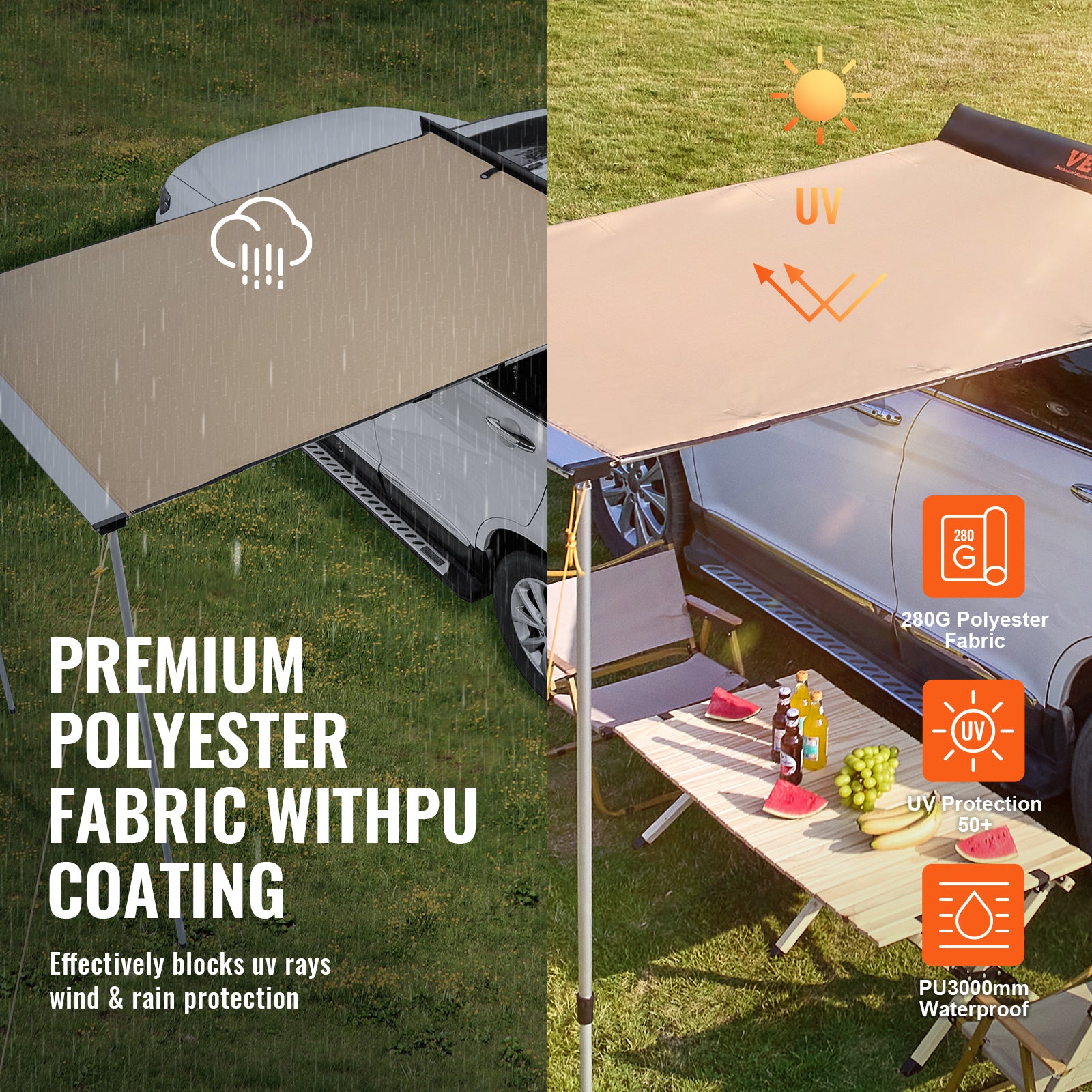 Car Side Awning, Large 4.6'x6.6' Shade Coverage Vehicle Awning, PU3000mm UV50+ Retractable Car Awning with Waterproof Storage Bag, Suitable for Truck, SUV, Van, Campers image 7