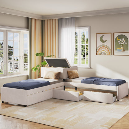 L-shaped Upholstered Platform Bed with Trundle and Two Drawers Linked with built-in Desk,Twin,Beige image 1