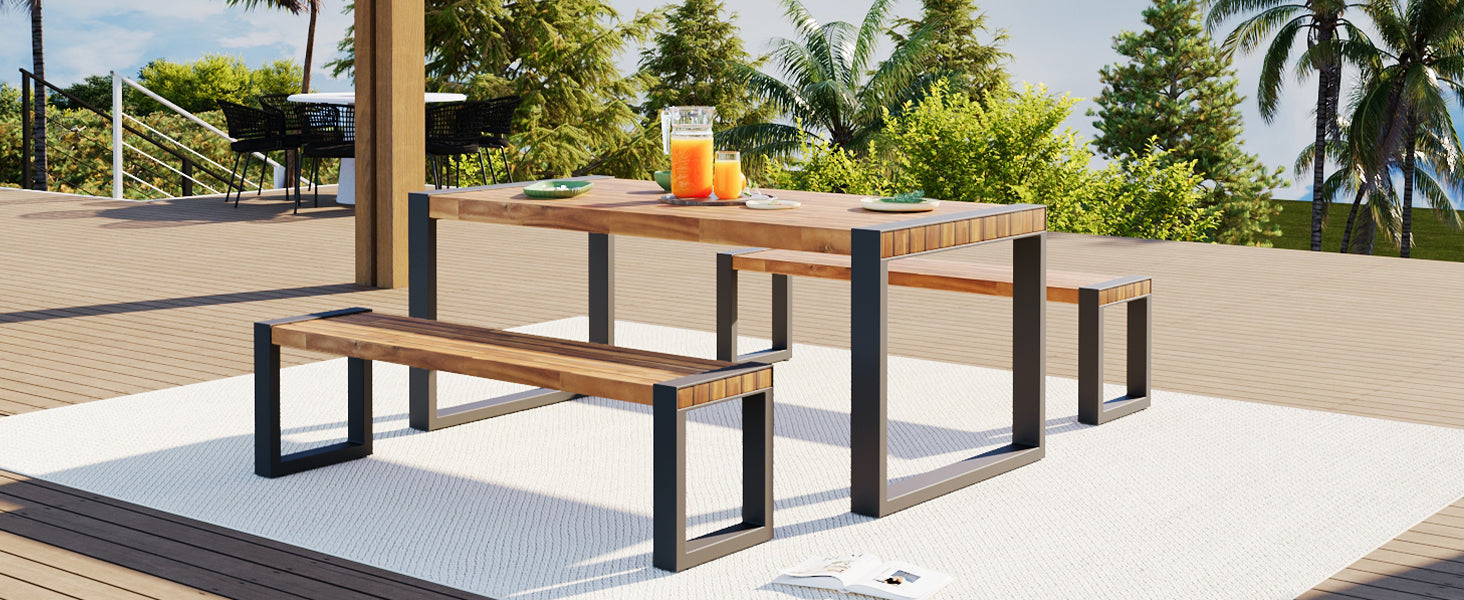 <Old SKU: FG201232AAA> GO 3-pieces Outdoor Dining Table With 2 Benches, Patio Dining Set With Unique Top Texture, Acacia Wood Top & Steel Frame, All Weather Use, For Outdoor & Indoor, Natural image 10